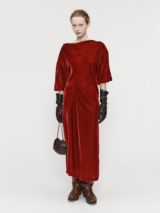 Velvet Asymmetrical Drapey Dress Pomegranate