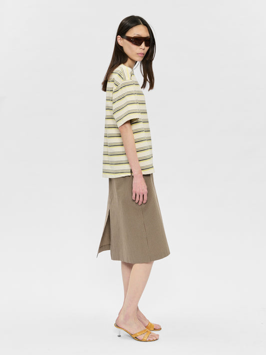 Woman wearing a striped shirt and beige skirt on a white background