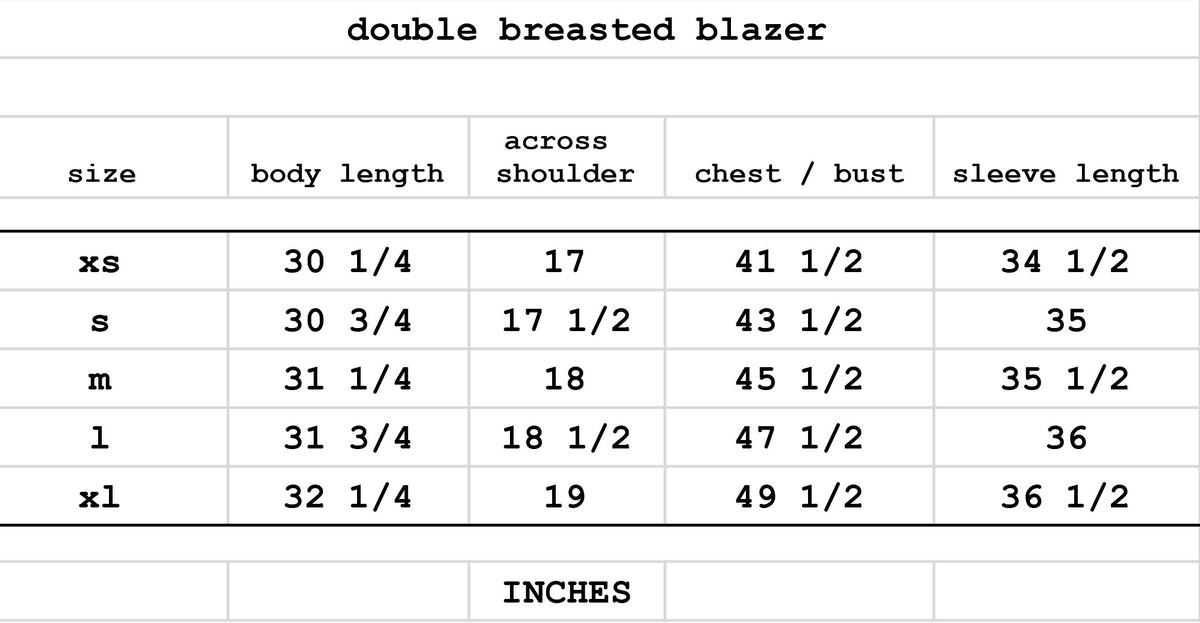 Size chart for Double Breasted Blazer in Black