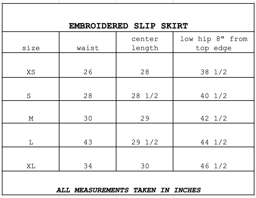 Size chart for Embroidered Slip Skirt Black