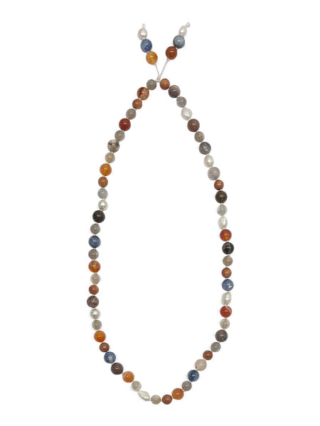 Freshwater Pearl, Kyanite, Carnelian, Moonstone, and Fossilized Wood on Knotted Silk - Matthew Swope Jewelry