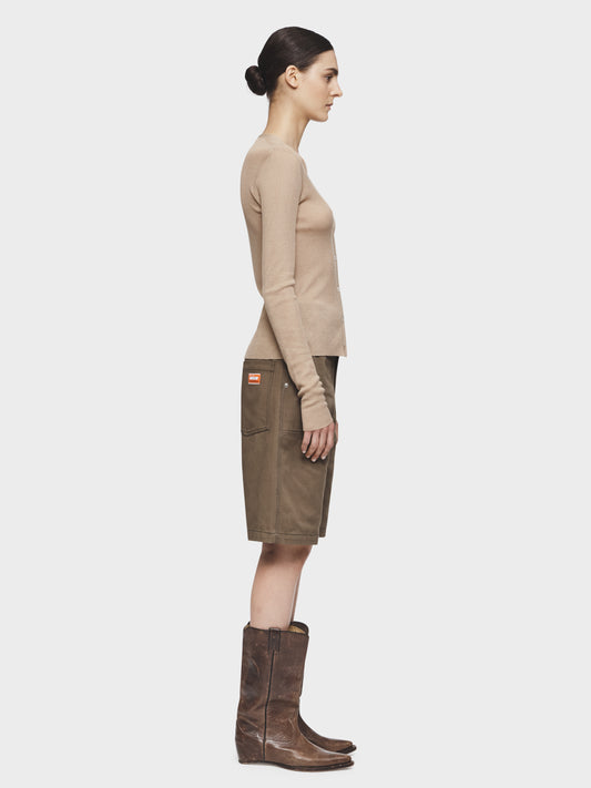 Skinny Rib V-Cardigan in Sand