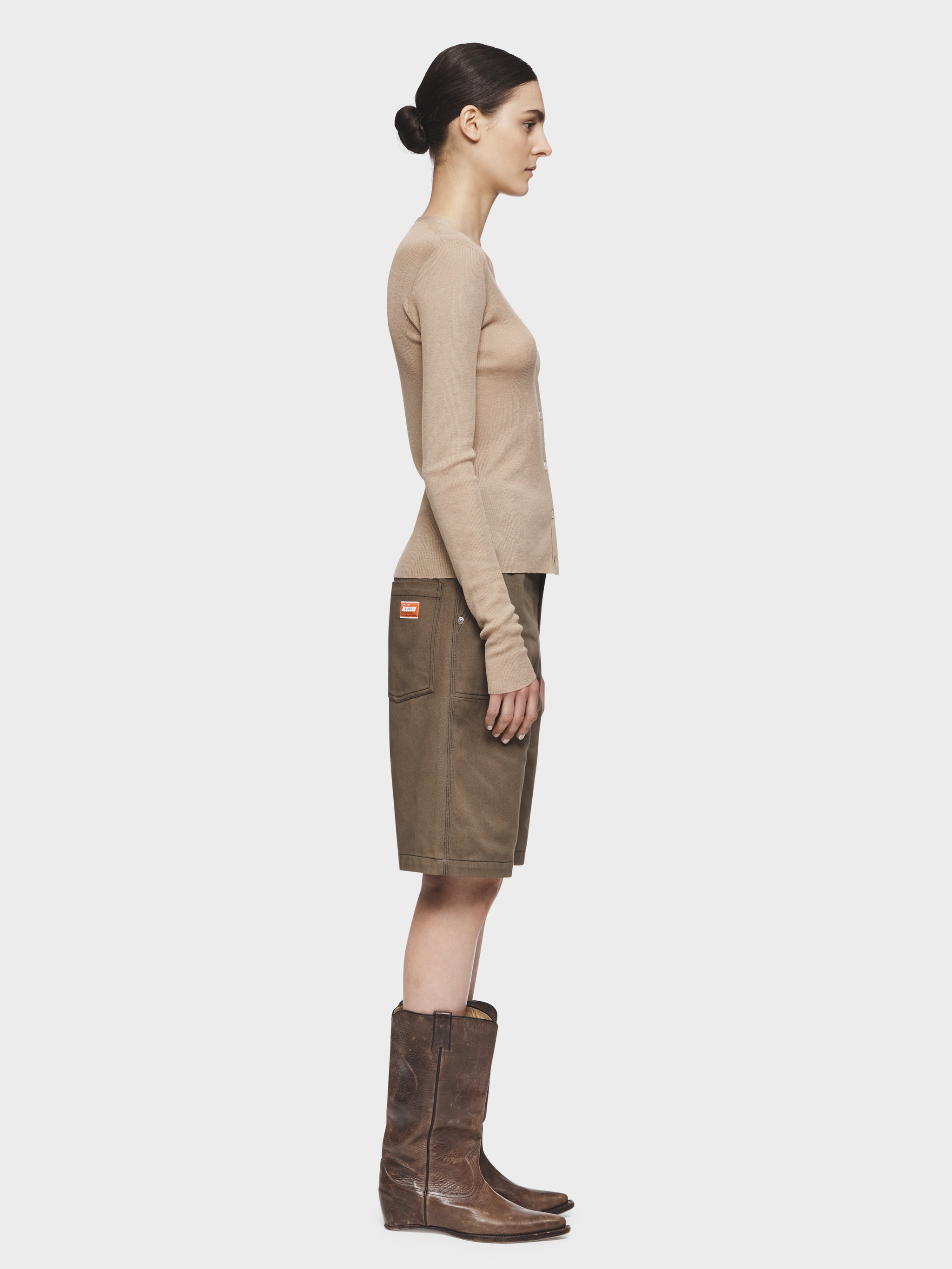 Skinny Rib V-Cardigan in Sand – 6397 Skinny Rib V-Cardigan in Sand – 6397