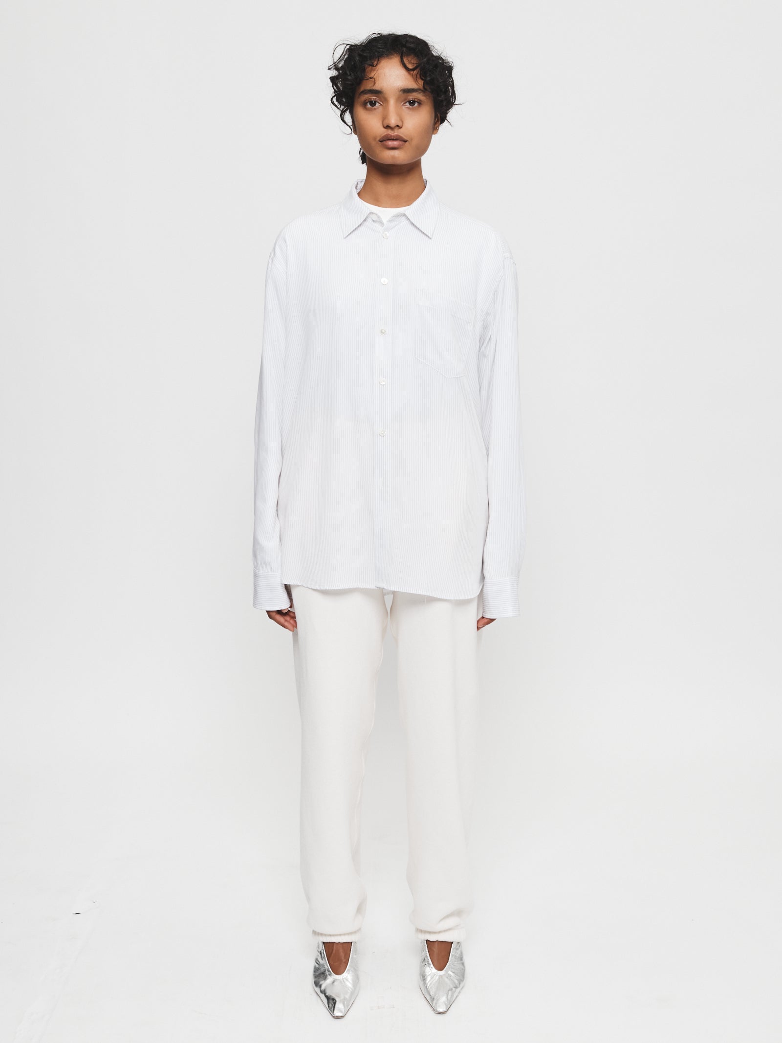 Ruched Biggie Shirt in Black Fine Stripe