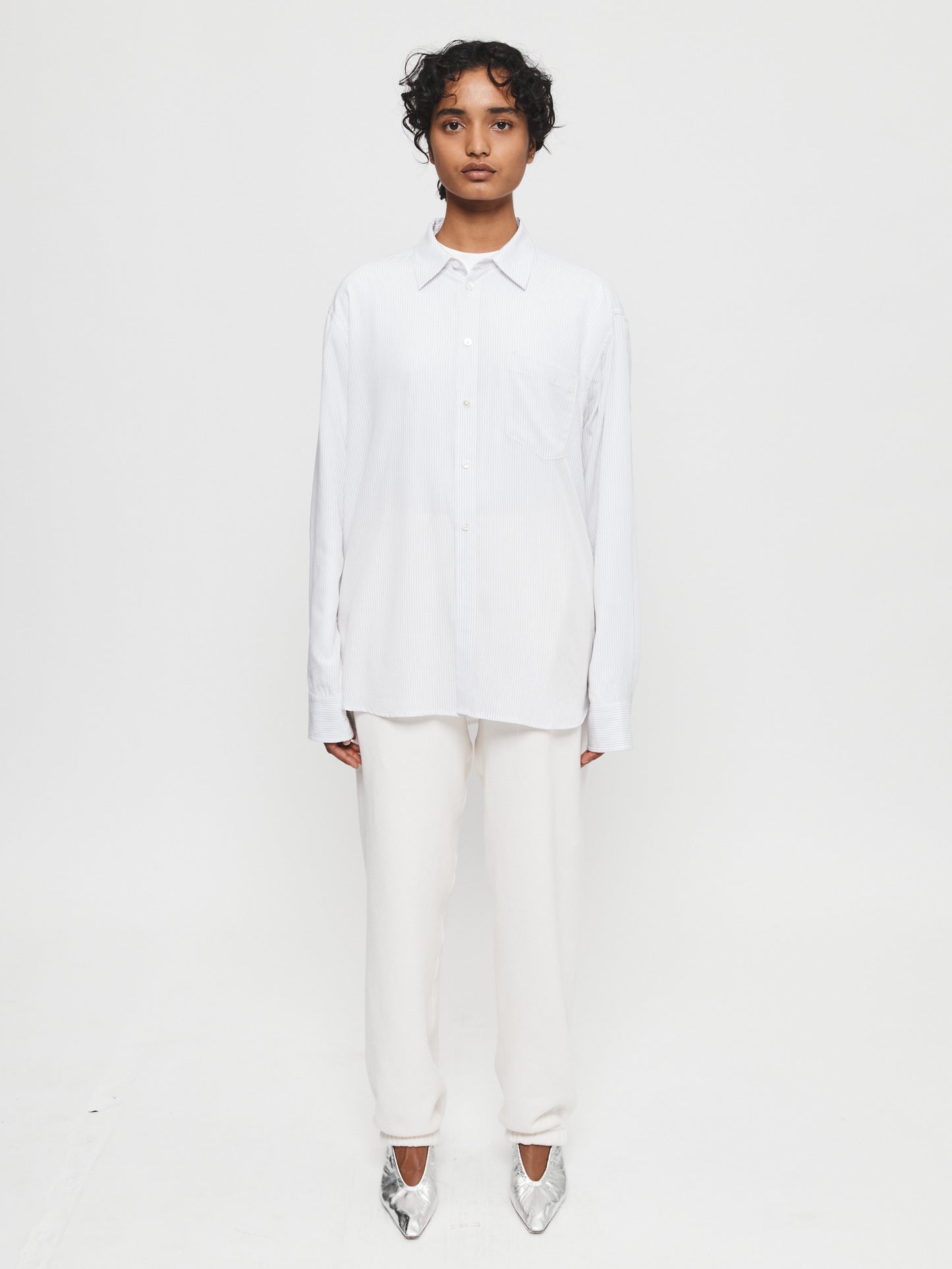 Ruched Biggie Shirt in Black Fine Stripe