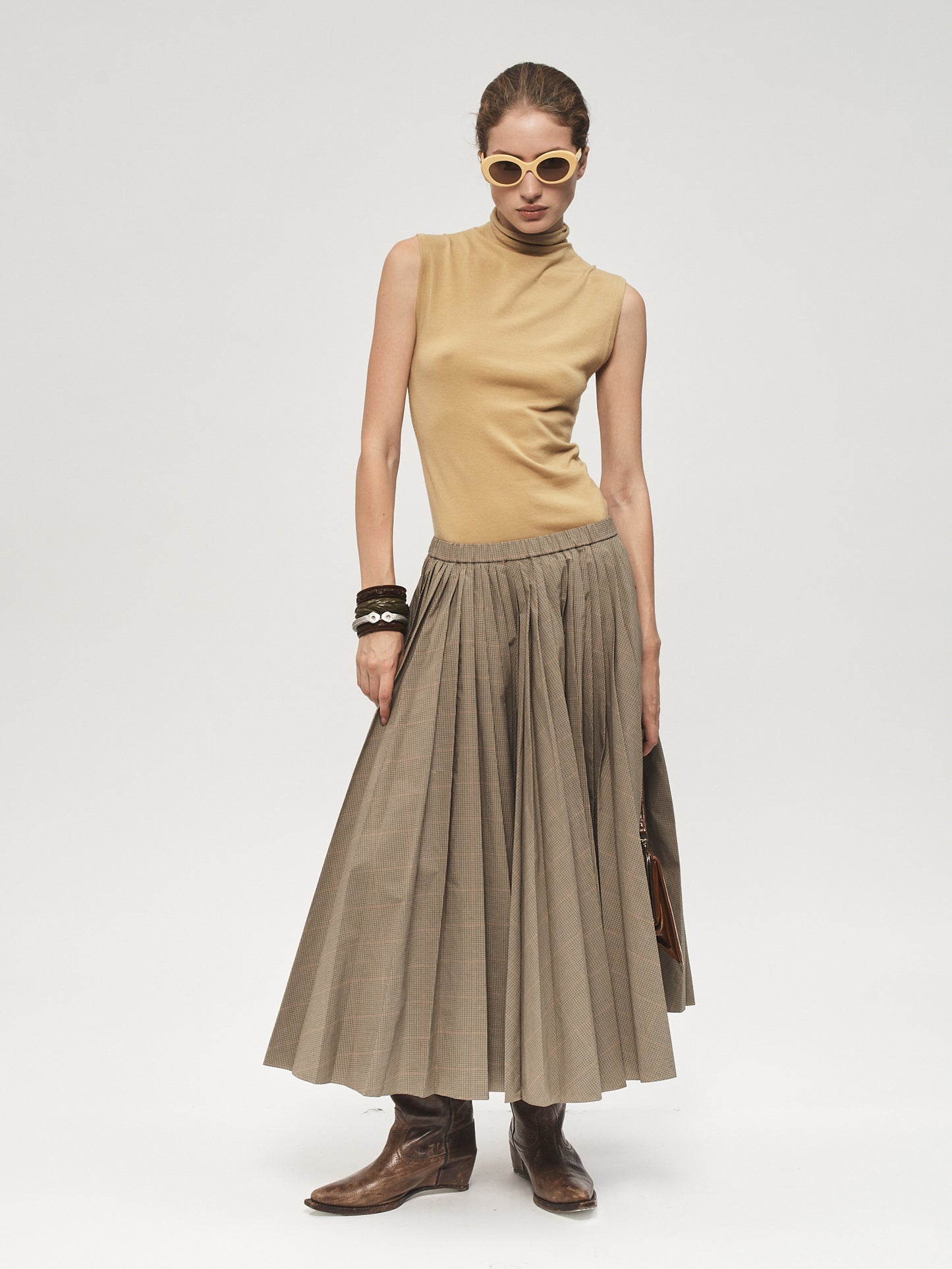 Pull-On Pleated Skirt Plaid