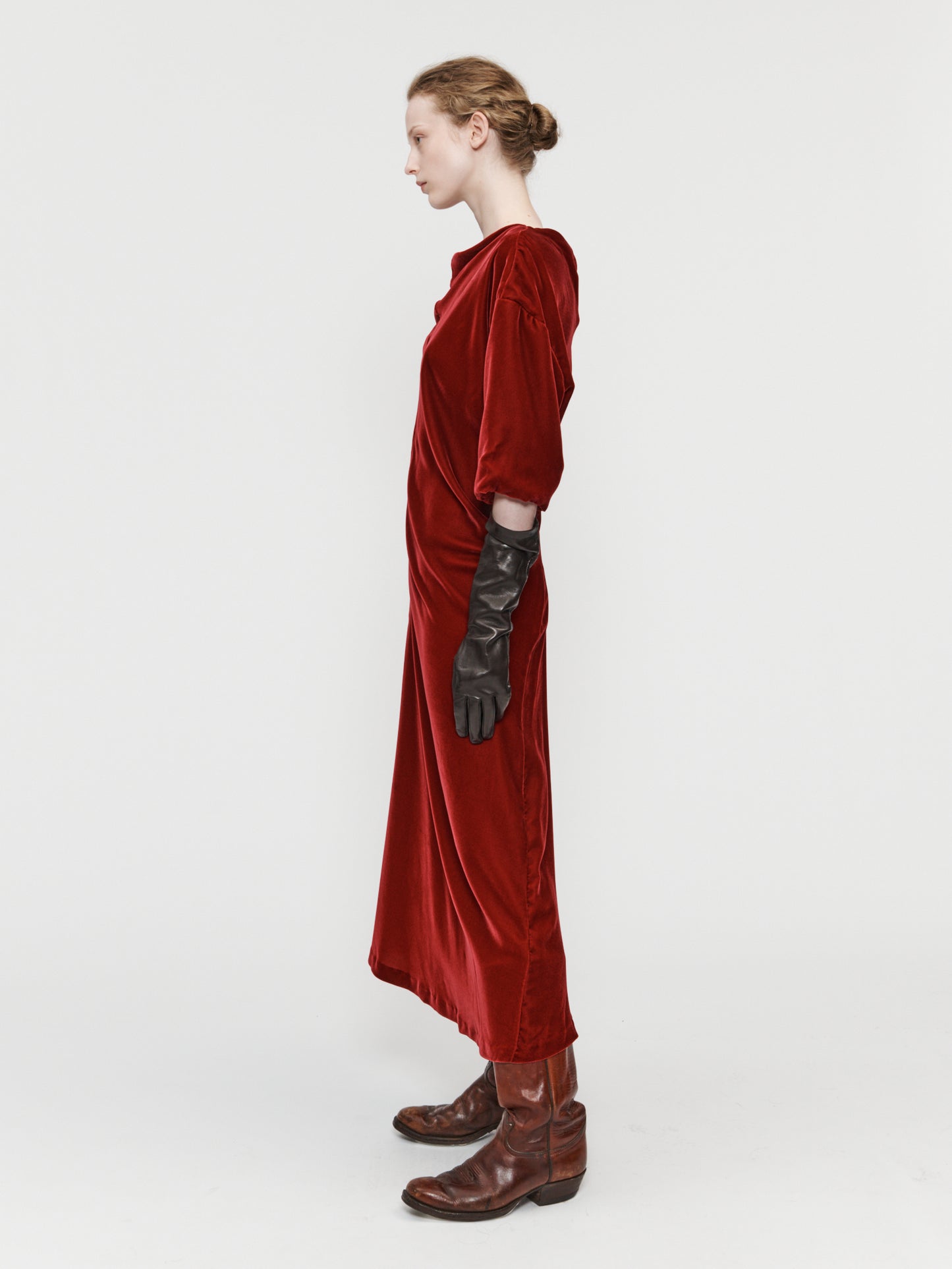 Velvet Asymmetrical Drapey Dress Pomegranate