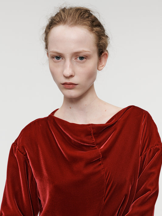 Velvet Asymmetrical Drapey Dress Pomegranate