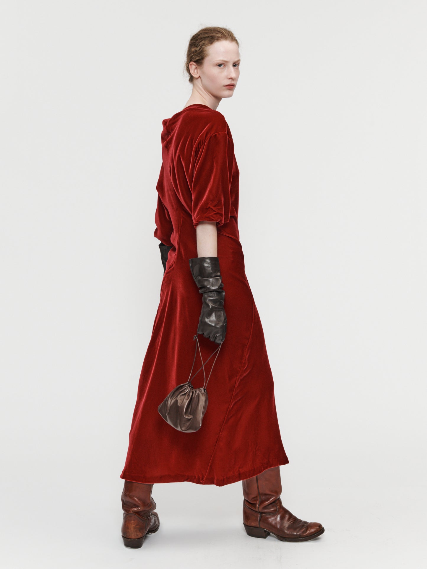 Velvet Asymmetrical Drapey Dress Pomegranate