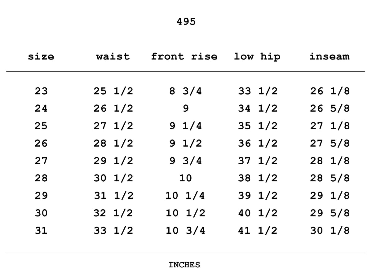 Size chart for 495 Jean in Medium Used Blue