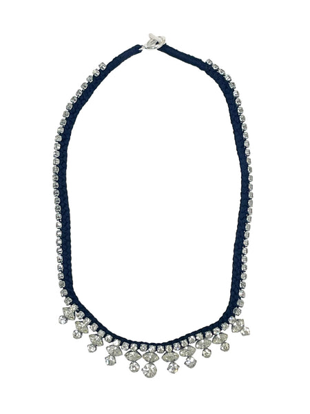 Alyssa Norton One-of-a-Kind Navy Blue Silk Choker with Rhinestone Navette Accents