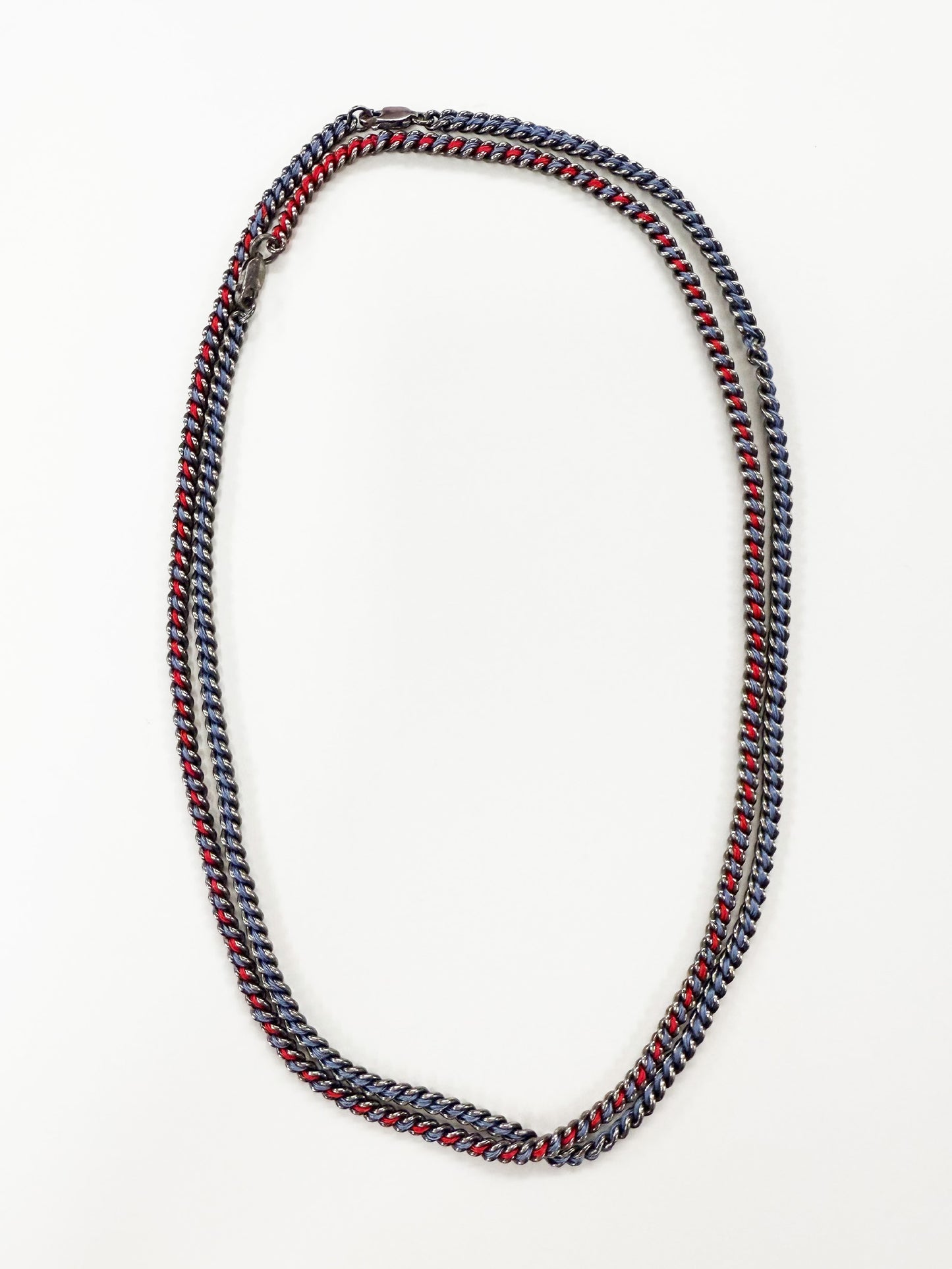 6397 X Alyssa Norton Oxidized Sterling Chains with Red and Blue Silk Necklace