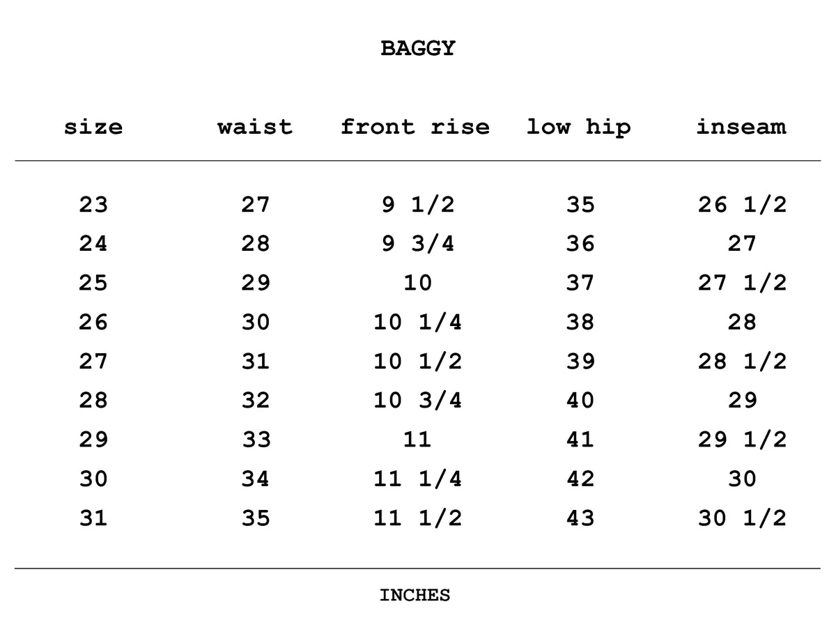 Size chart for Baggy Jean in Clean Vintage Blue