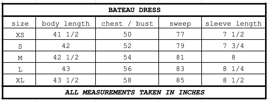 Size chart for Bateau Dress Creamsicle