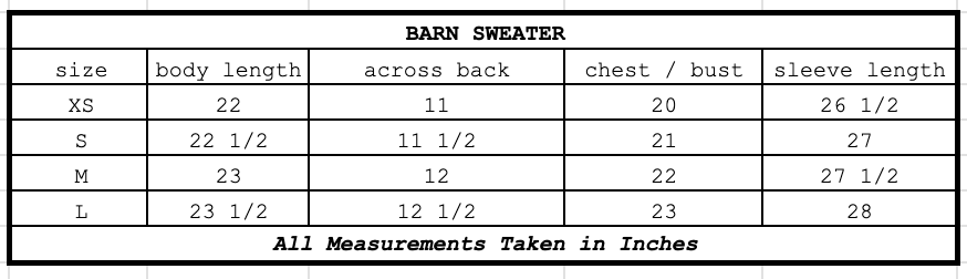 Size chart for Barn Sweater Graphite