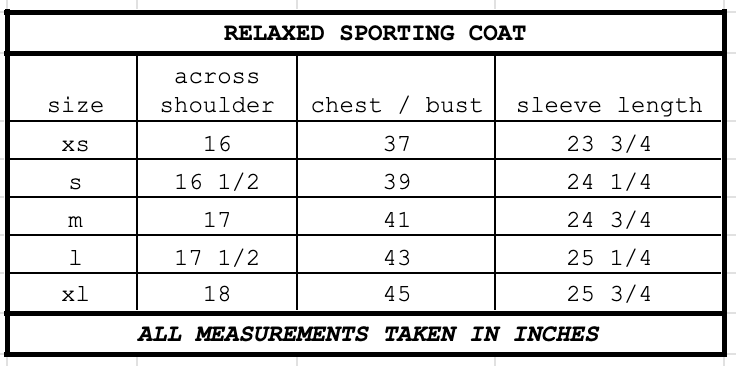 Size chart for Relaxed Sporting Coat Black