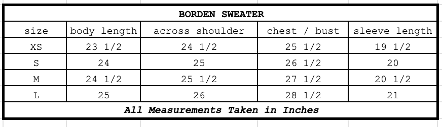 Size chart for Borden Sweater Graphite