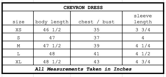 Size chart for Chevron Dress Viola