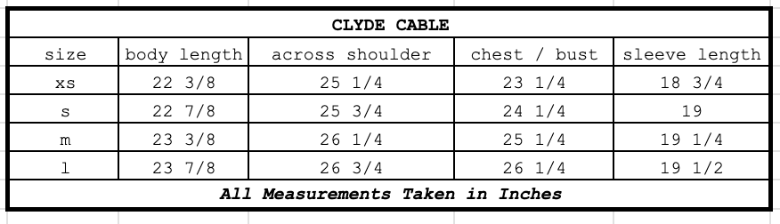 Size chart for Clyde Cable Cream