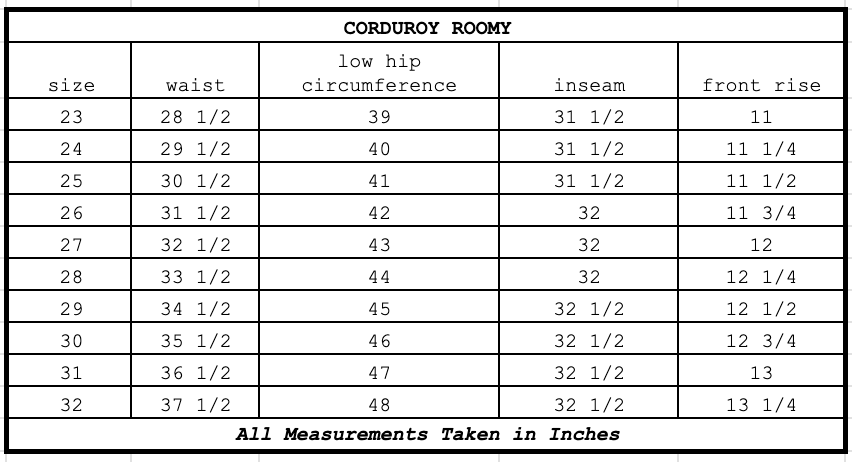 Size chart for Corduroy Roomy Turquoise