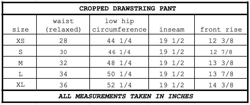 Size chart for Cropped Drawstring Pant Jet