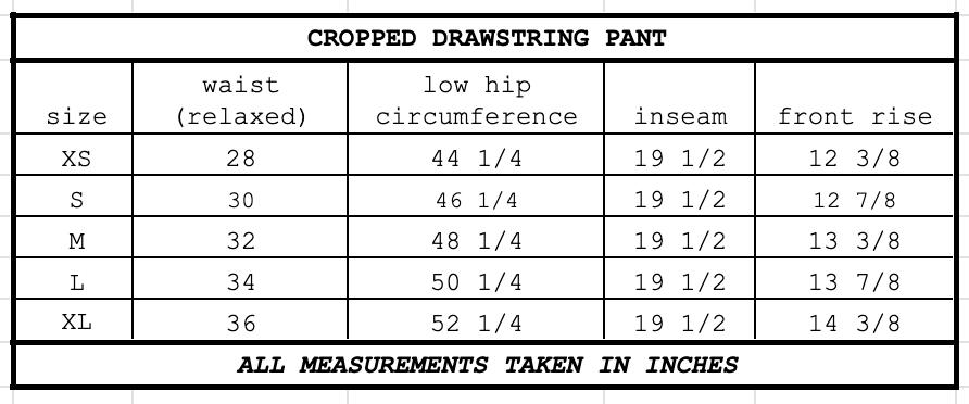 Size chart for Cropped Drawstring Pant Stone