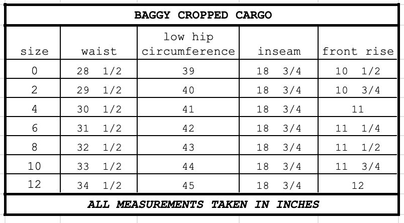 Size chart for Baggy Cropped Cargo Blonde