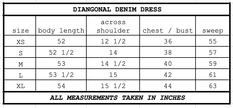 Size chart for Diagonal Denim Dress Jet