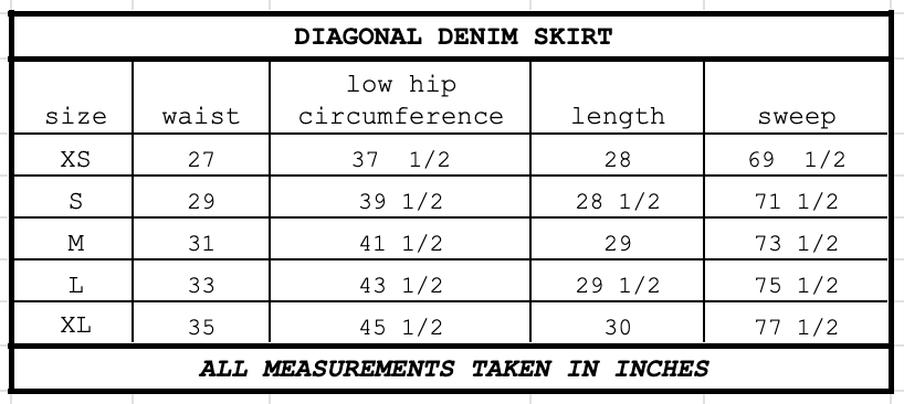 Size chart for Diagonal Denim Skirt Tawny