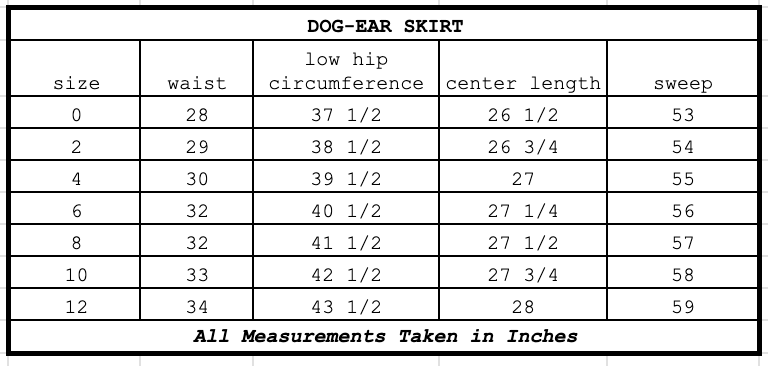 Size chart for Dog-Ear Skirt Starling