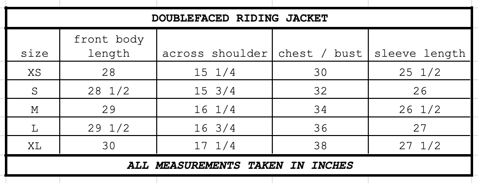 Size chart for Doubeface Riding Jacket Dover Plaid