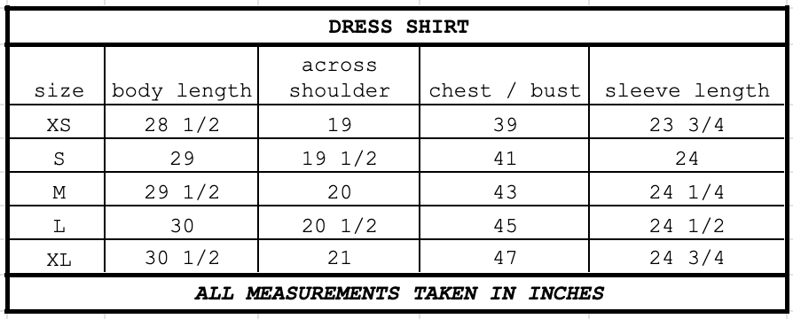 Size chart for Dress Shirt Oxford Blue