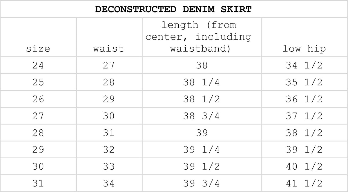 Size chart for Deconstructed Denim Skirt