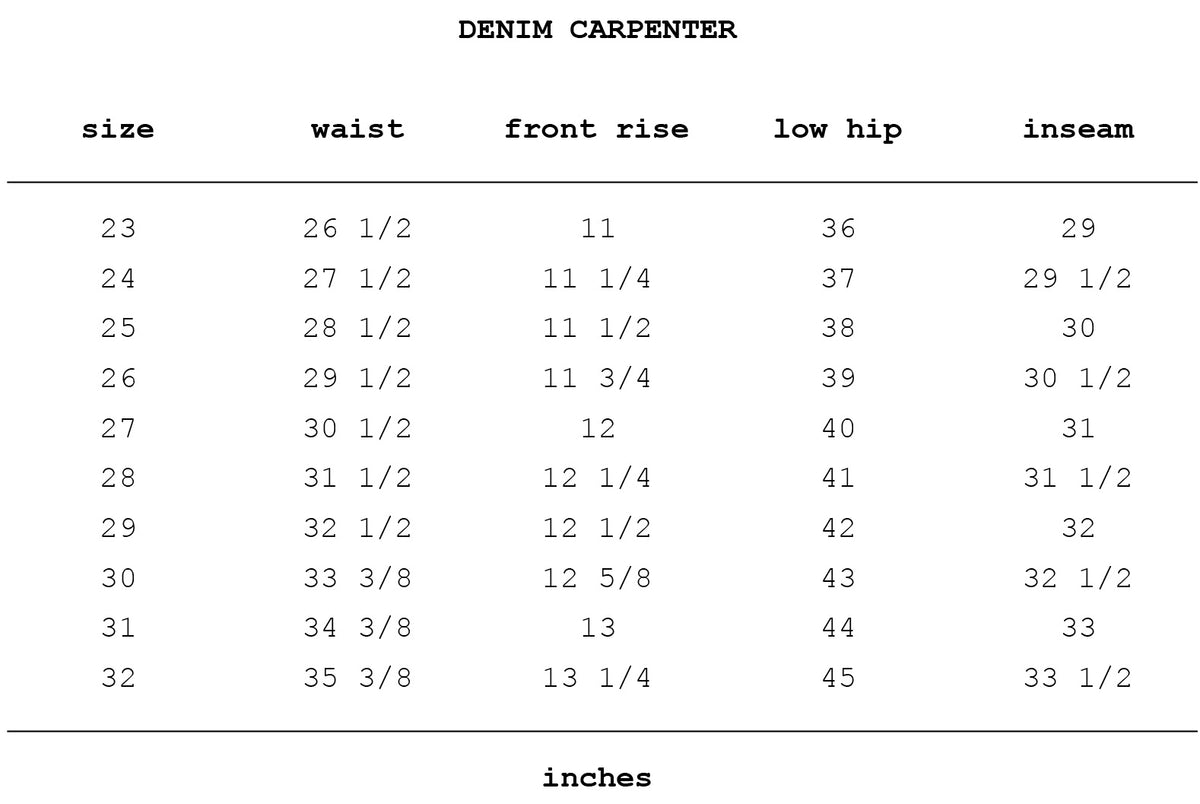 Size chart for Denim Carpenter in Stone Blue