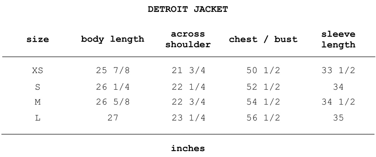 Size chart for Detroit Jacket
