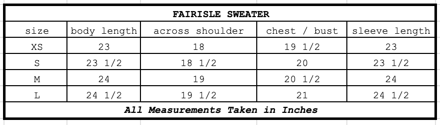 Size chart for Fairisle Sweater Tropical Fish