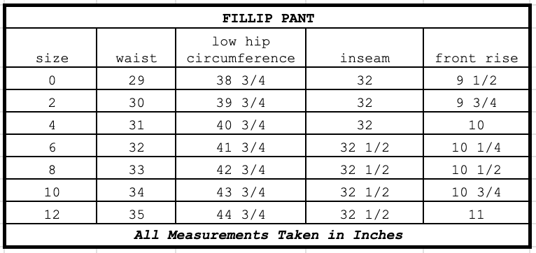 Size chart for Fillip Pant Starling