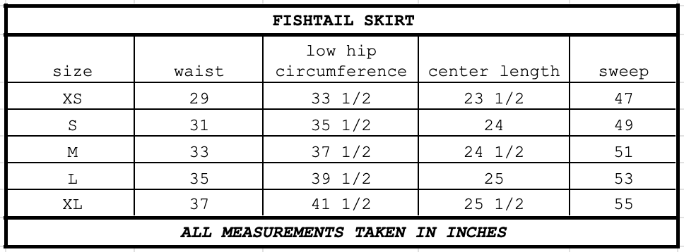 Size chart for Fishtail Skirt Dover Check