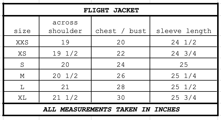 Size chart for Flight Jacket Army
