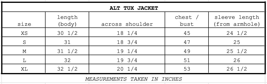 Size chart for Alt Tux Jacket Black