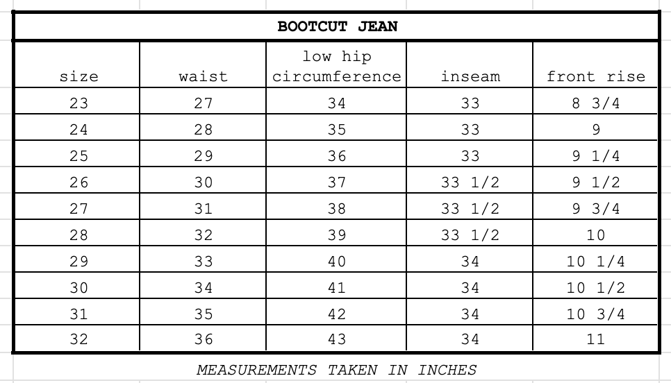 Size chart for Bootcut Jean Rusted Grey