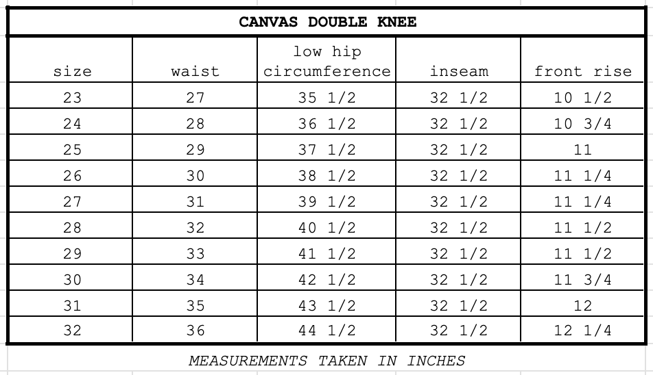 Size chart for Canvas Double Knee Tea Stain