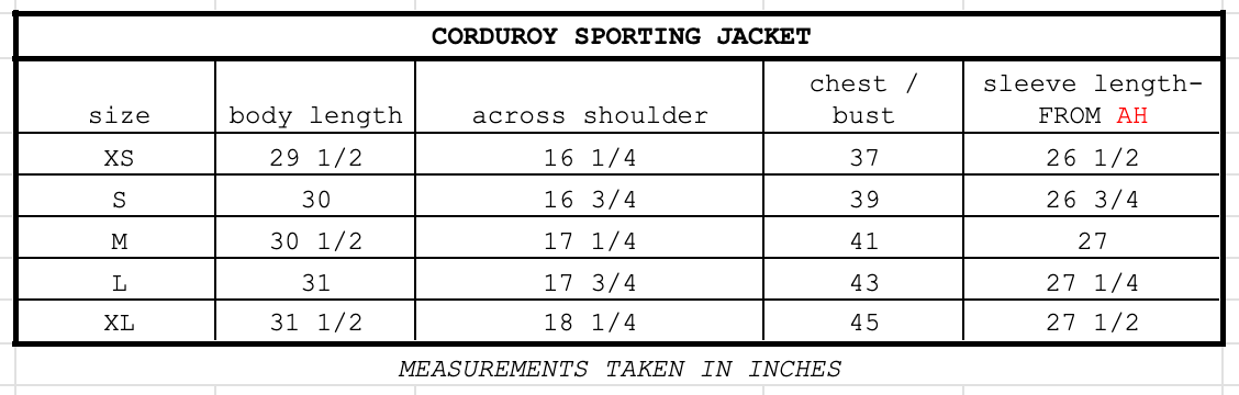Size chart for Corduroy Sporting Jacket Caramel