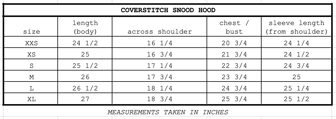 Size chart for Coverstitch Snood Hood Black