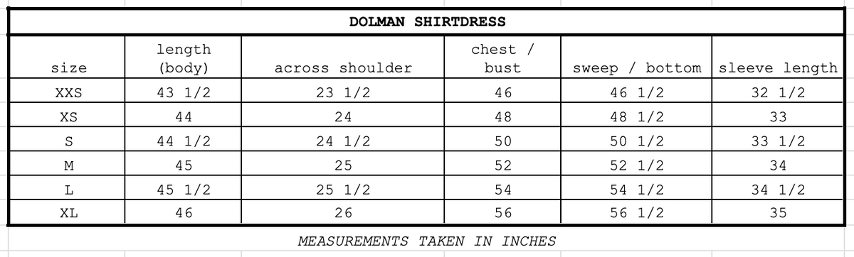 Size chart for Dolman Shirtdress Geode