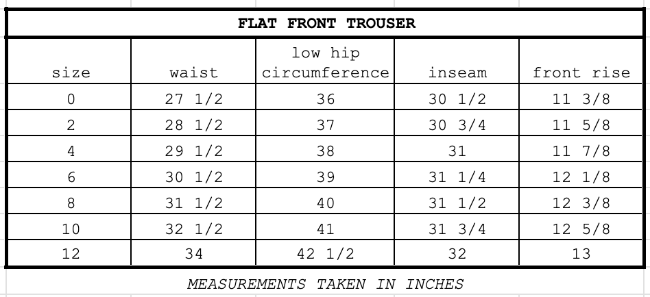 Size chart for Flat Front Trouser Black