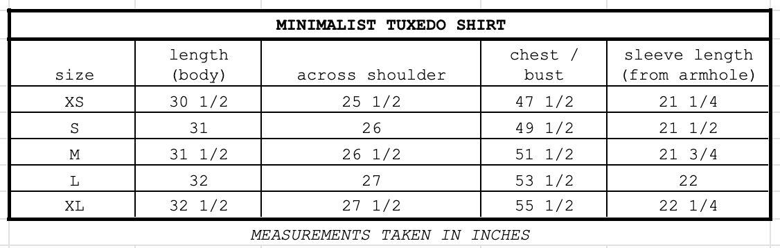 Size chart for Minimalist Tuxedo Shirt Mink
