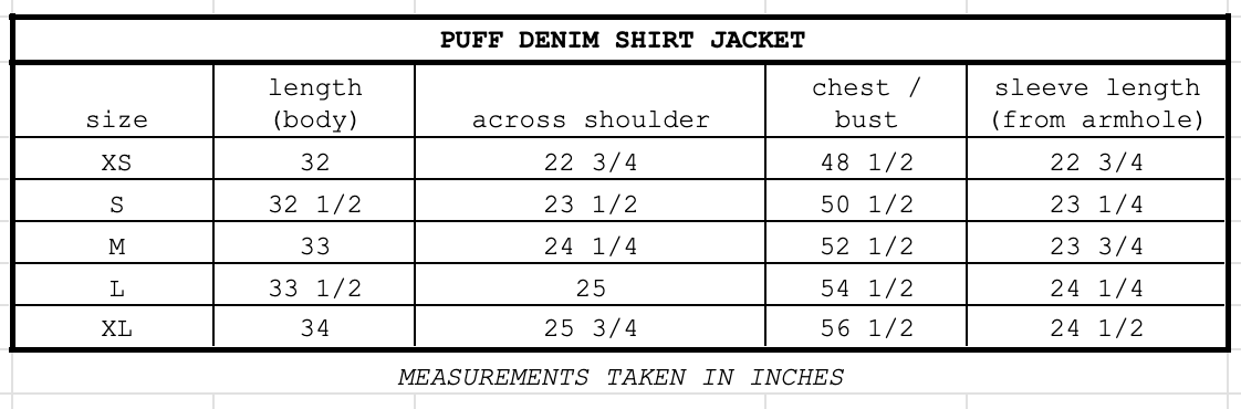 Size chart for Puff Denim Shirt Jacket