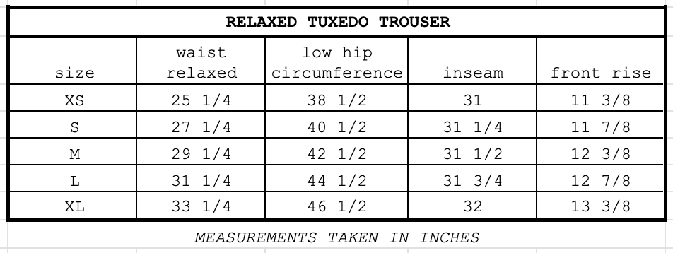 Size chart for Relaxed Tuxedo Trouser Black