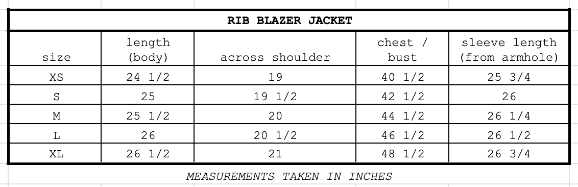 Size chart for Rib Blazer Jacket